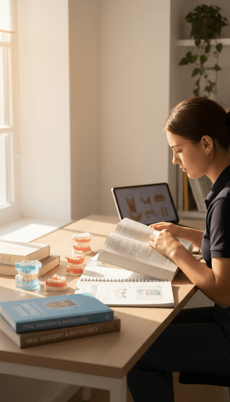 Dental student studying with textbooks and dental models