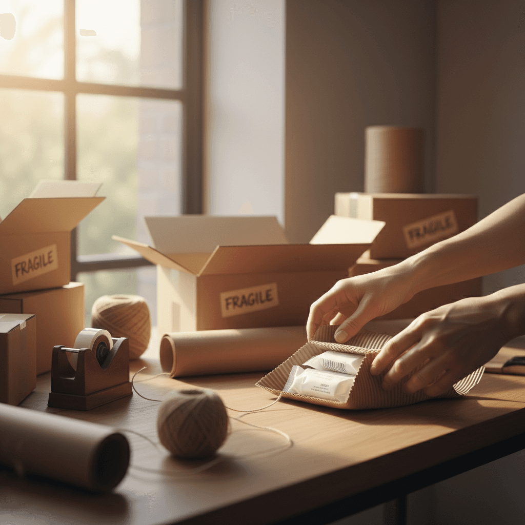 Dental supplies being carefully packaged for shipment