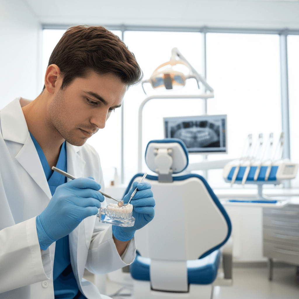 Dental student practicing with professional instruments and models