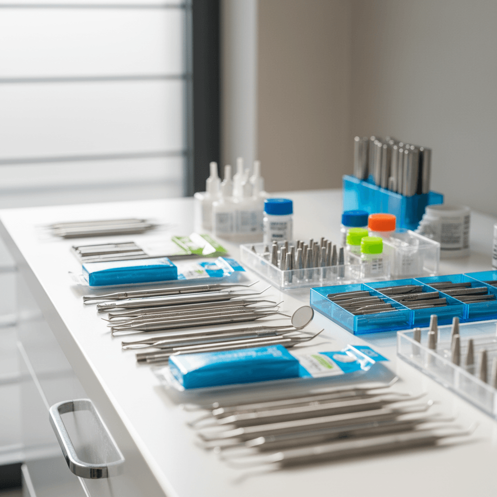Organized dental supplies and instruments displayed professionally