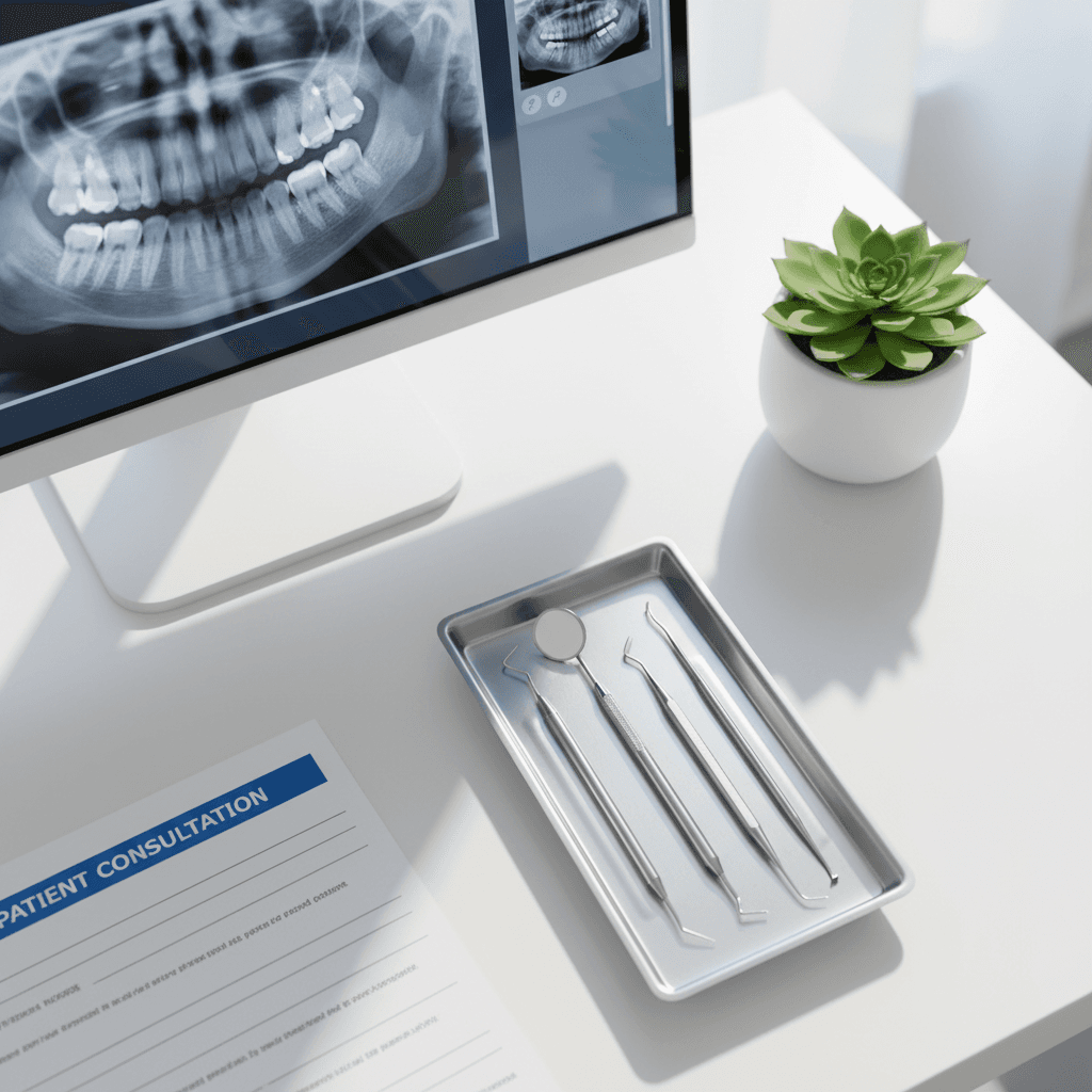 Organized dental instruments and hand tools arranged on a white tray