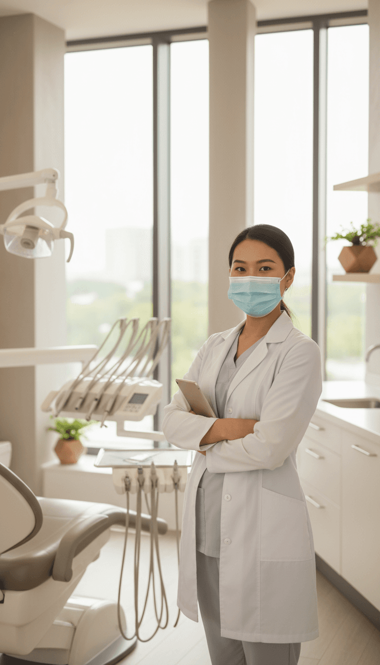 Dentist with molar dental store supplies in clinic