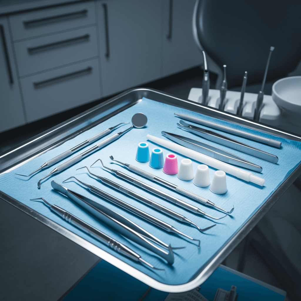 Organized dental instruments and supplies arranged on white surface