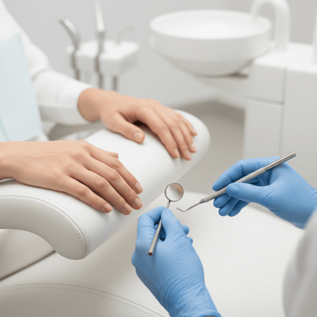 Dental student examining precision dental instruments