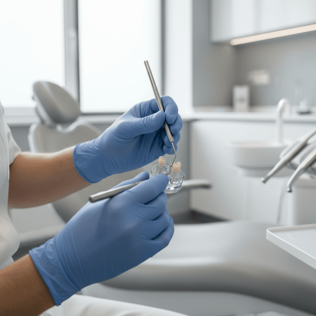 Dentist demonstrating proper handling of handpiece and mirror over a dental model