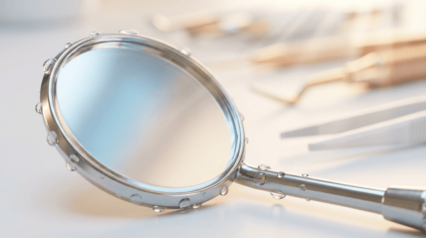 Dental mirror close-up showing reflective surface and ergonomic handle